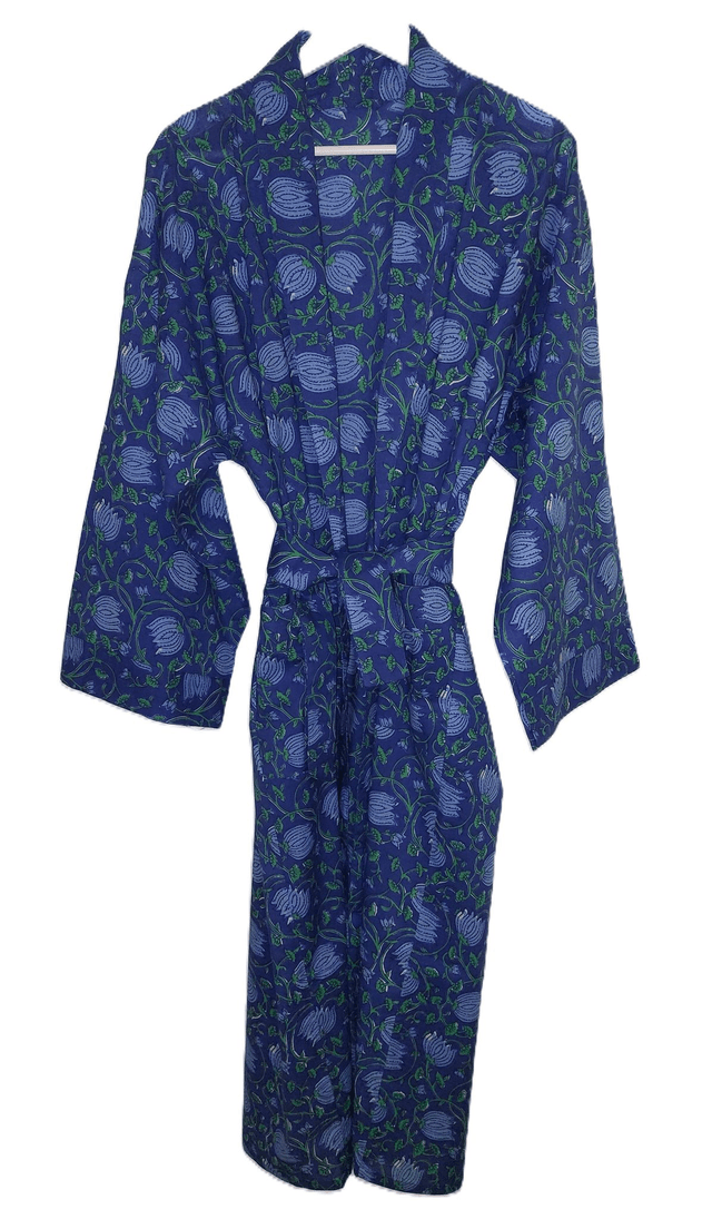 Peignoir kimono unisexe en coton naturel imprimé à la main, motif floral bleu, vert, robe de chambre L.130cm 