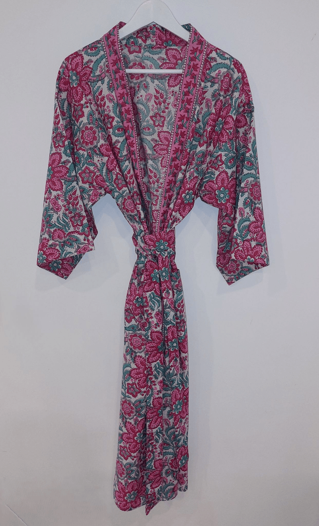 Robe kimono longue en coton, peignoir, robe de chambre, motif floral rose, vert, rouge, blanc, L.120cm ou 140cm