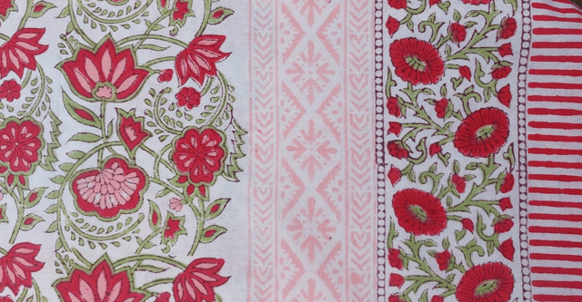 Grande nappe rectangulaire et 6 serviettes imprimées à la main, coton de grande qualité, motif floral rouge, rose et vert