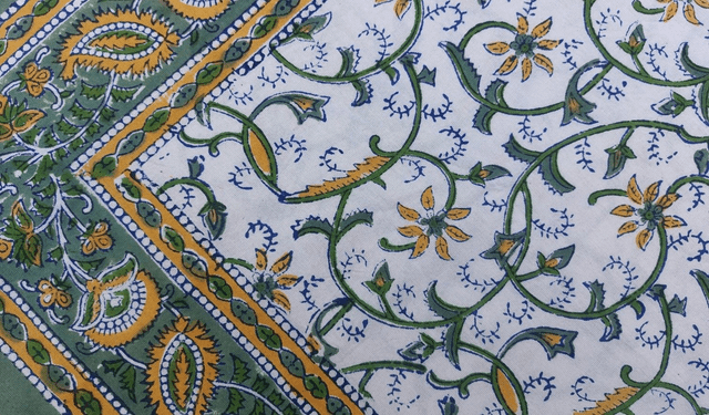 Grande nappe rectangulaire imprimée à la main, coton, motif floral jaune et vert