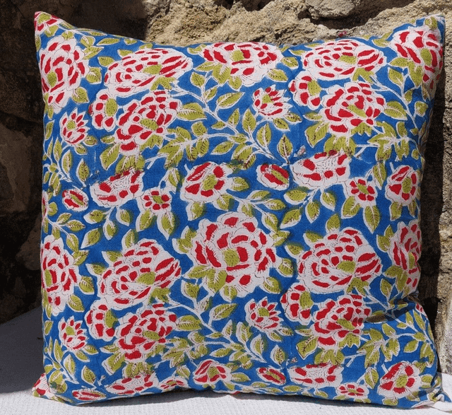 Housses de coussin artisanale en coton – Motifs floraux éclatants - Imprimé à la main en Inde (40x40 cm)