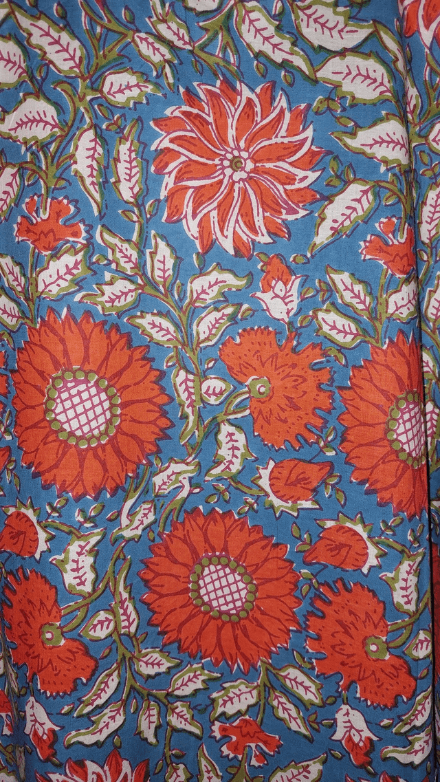 Peignoir kimono en coton naturel imprimé à la main, motif floral orange, vert, bleu canard, robe de chambre L.130cm 