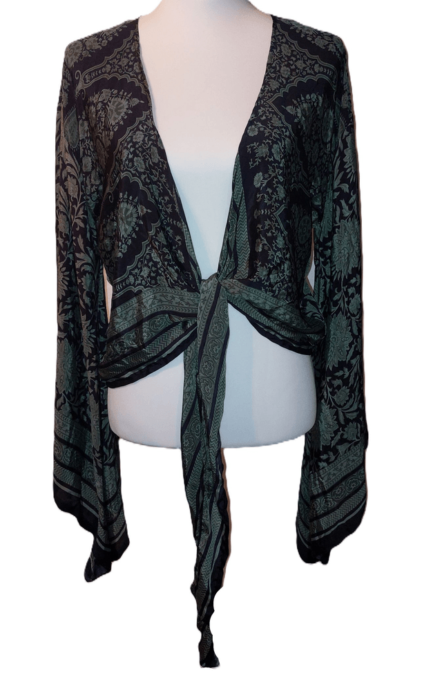 Top femme cache-cœur ou gilet en sari vintage recyclé, manches longues évasées - unique et léger - écoresponsable - vert et noir