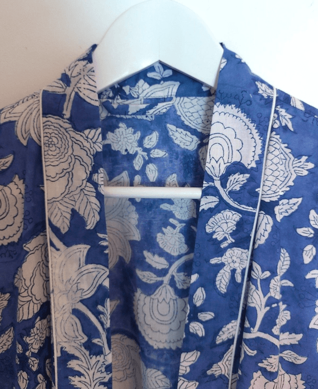 Robe kimono en coton, peignoir, robe de chambre, imprimé à la main, motif floral blanc et bleu, L.100cm  