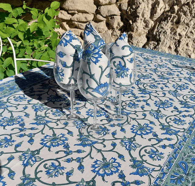 Grande nappe rectangulaire et 6 serviettes imprimées à la main, coton de grande qualité, motif floral vert et bleu