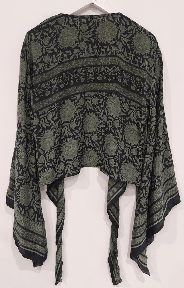 Top femme cache-cœur ou gilet en sari vintage recyclé, manches longues évasées - unique et léger - écoresponsable - vert et noir
