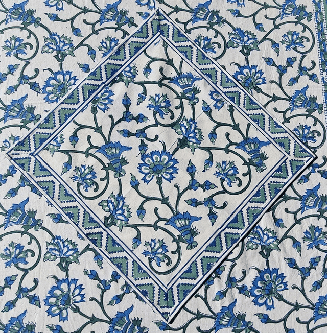 Grande nappe rectangulaire et 6 serviettes imprimées à la main, coton de grande qualité, motif floral vert et bleu