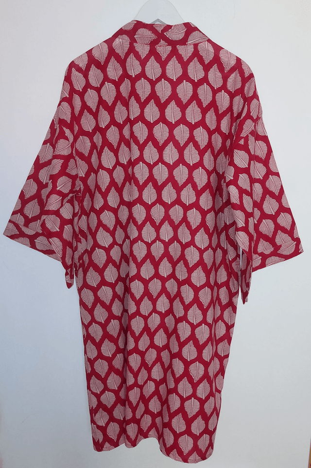 Robe kimono en coton, peignoir, robe de chambre, motif feuilles blanches sur rouge, L.100cm   