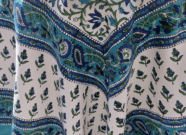 Grande nappe rectangulaire imprimée à la main, coton, motif floral bleu, vert et turquoise