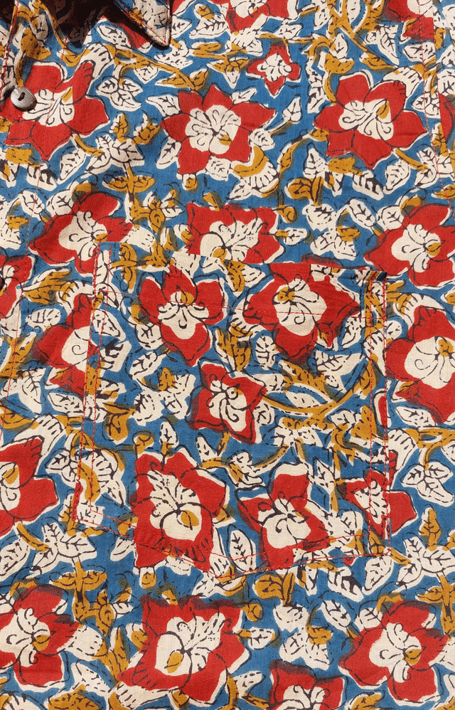 Chemise d'été homme manches courtes, coton léger imprimé à la main, motif floral rouge, bleu, beige