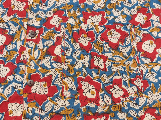 Chemise d'été homme manches courtes, coton léger imprimé à la main, motif floral rouge, bleu, beige
