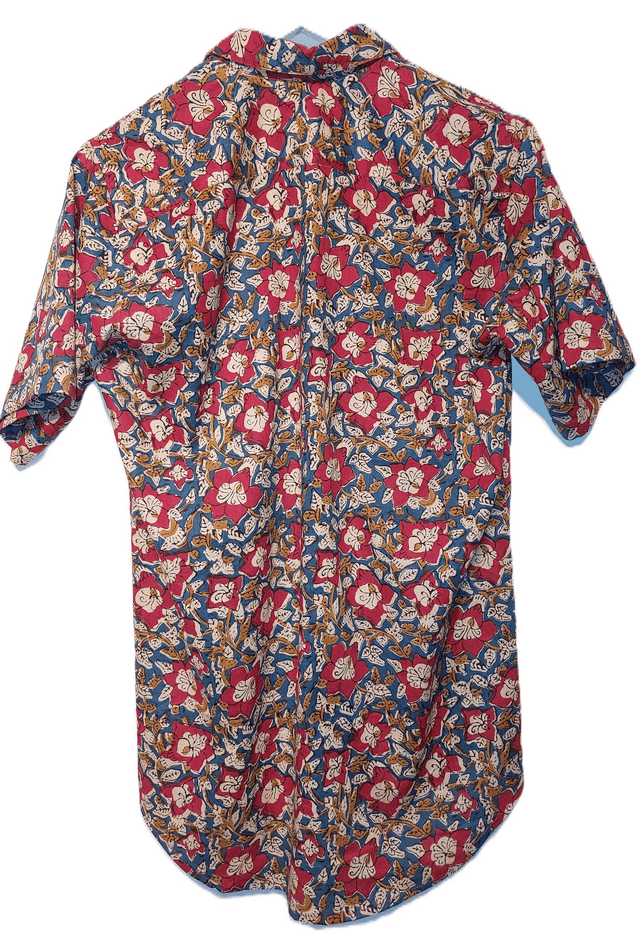 Chemise d'été homme manches courtes, coton léger imprimé à la main, motif floral rouge, bleu, beige