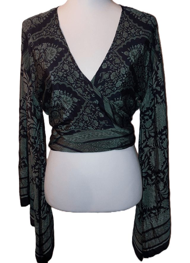 Top femme cache-cœur ou gilet en sari vintage recyclé, manches longues évasées - unique et léger - écoresponsable - vert et noir