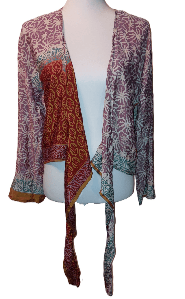 Top femme cache-cœur ou gilet en soie vintage recyclée, manches longues - unique, léger et écoresponsable - beige, vert, rose, rouge