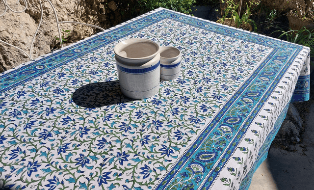 Grande nappe rectangulaire imprimée à la main, coton, motif floral bleu, vert et turquoise