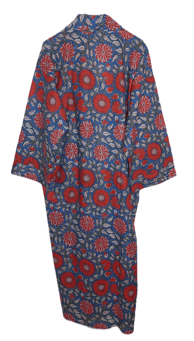Peignoir kimono en coton naturel imprimé à la main, motif floral orange, vert, bleu canard, robe de chambre L.130cm 