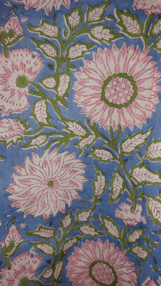 Robe kimono en coton, peignoir, robe de chambre, imprimé à la main, motif floral rose, bleu et vert, L.100cm 