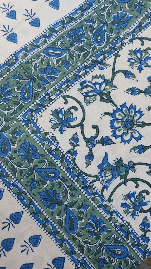 Grande nappe rectangulaire et 6 serviettes imprimées à la main, coton de grande qualité, motif floral vert et bleu