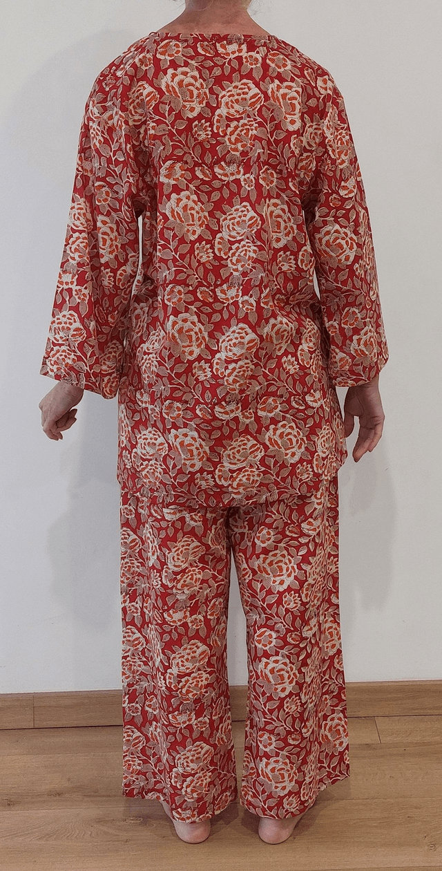 Pyjama femme en coton léger – imprimé floral orange et rouge -  fait main – ensemble été confortable – cadeau artisanal