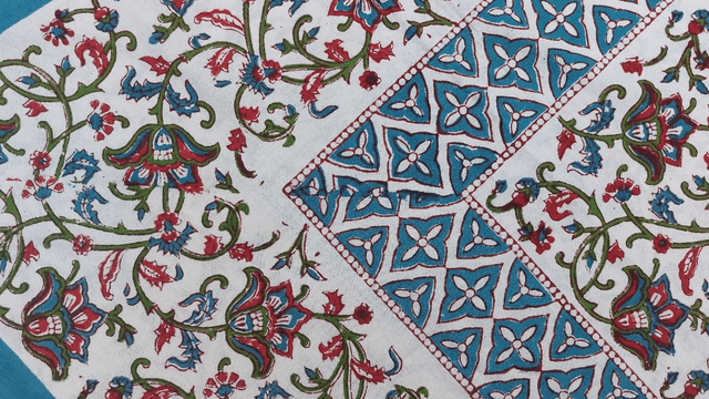 Nappe carrée 150cm impression florale à la main, rouge, bleu, vert,coton
