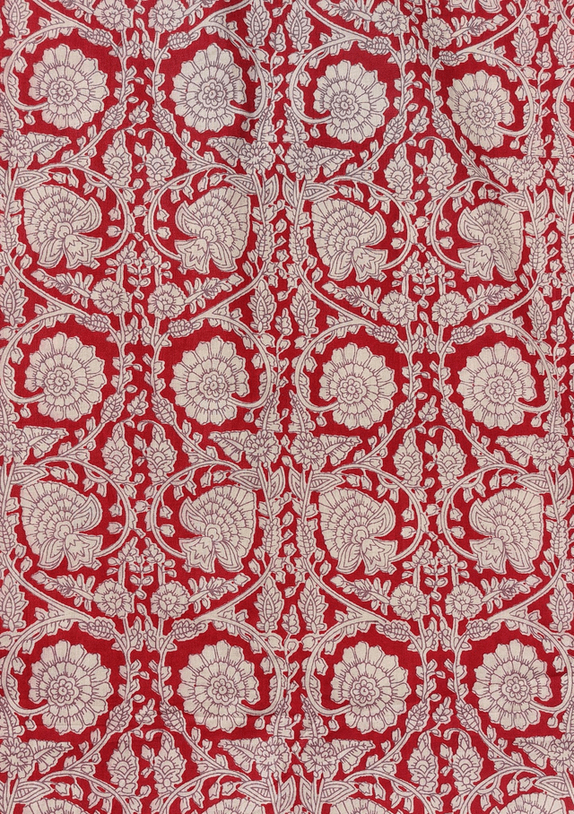 Chemise d'été homme manches courtes, coton léger, motif floral ivoire sur rouge