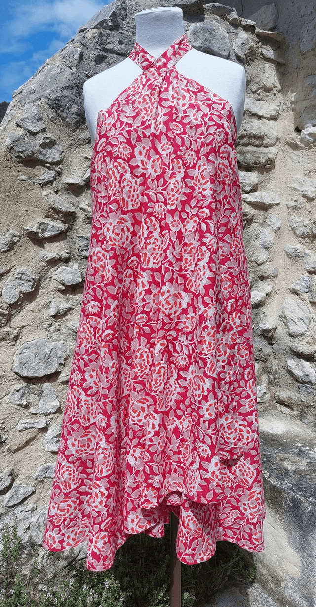 Robe/Jupe 3-en-1 d'été florale rouge en coton voile léger imprimé à la main – Robe polyvalente bohème plage, casual ou élégant