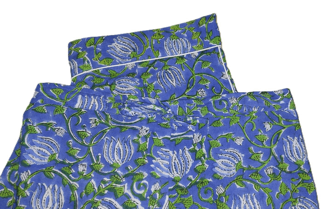 Pyjama femme en coton léger imprimé à la main – Ensemble boutonné deux pièces - bleu et vert
