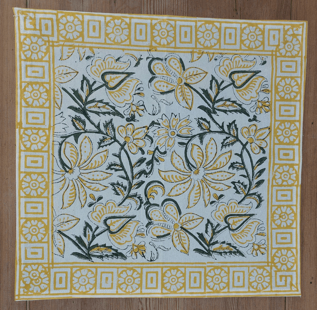 6 sets de table et serviettes, imprimés à la main, fleurs jaunes et vertes, coton