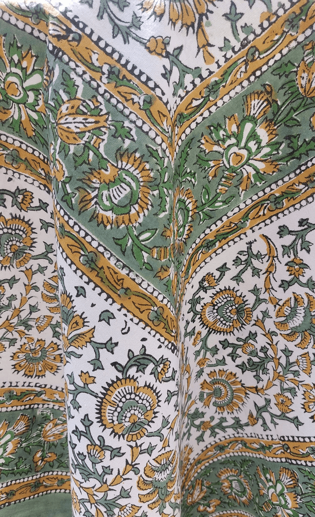 Grande nappe rectangulaire imprimée à la main, coton, motif floral jaune et vert