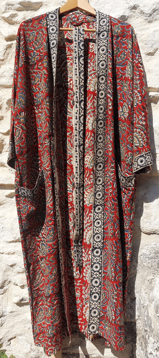  Peignoir unisexe, teintures naturelles artisanales, imprimé à la main, rouge, bleu, vert, jaune, noir, ivoire, robe de chambre L.130cm  