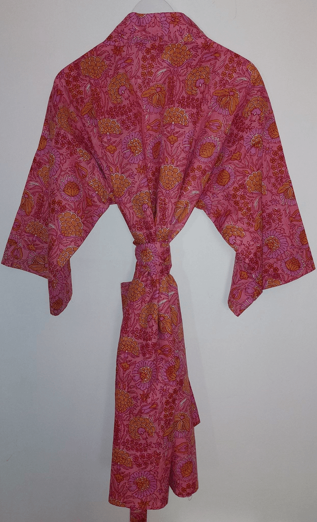Robe kimono en coton, peignoir, robe de chambre, imprimé à la main, motif floral rose et orange, L.100cm  