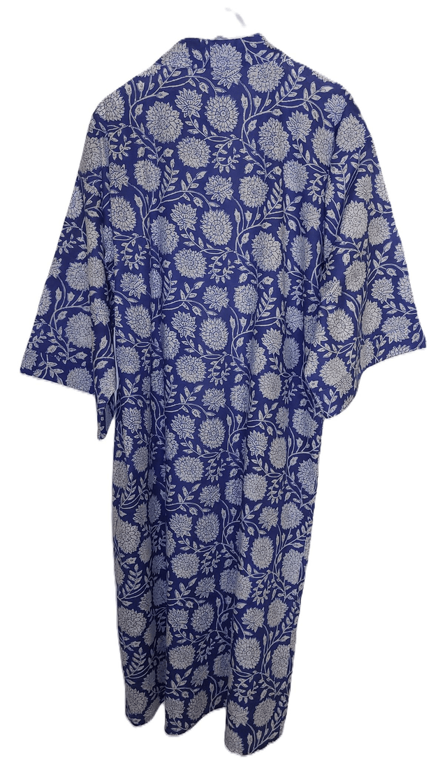 Robe kimono longue en coton, peignoir, robe de chambre, motif floral blanc et bleu, L.120cm  