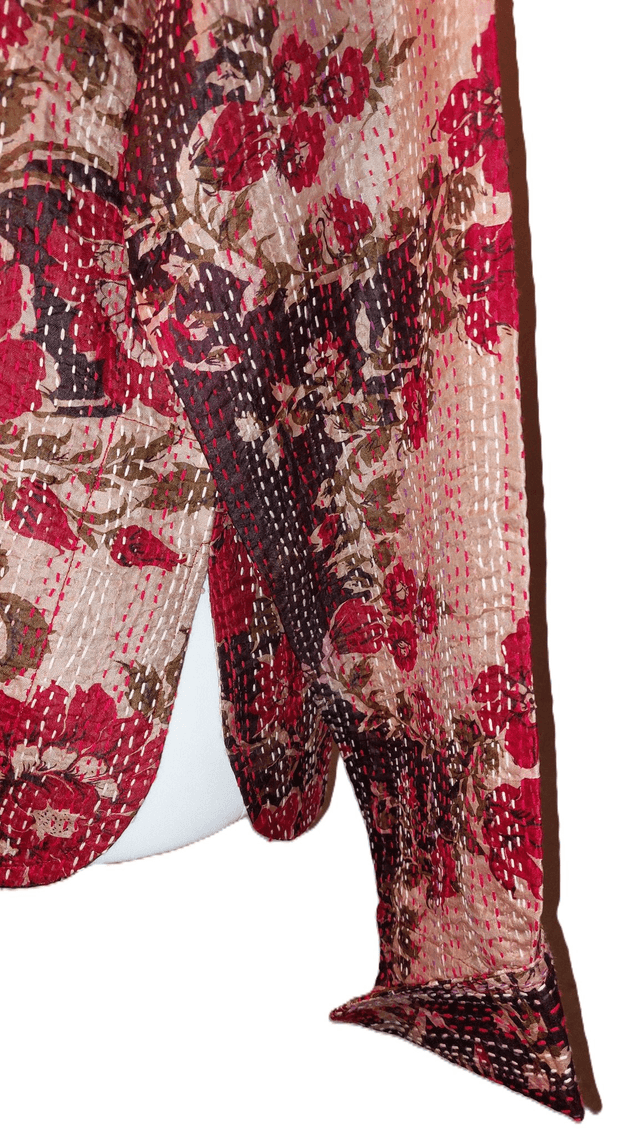 Veste femme réversible sari recyclé et Kantha, unique, confectionnée à la main dans les villages indiens, rose, rouge, marron