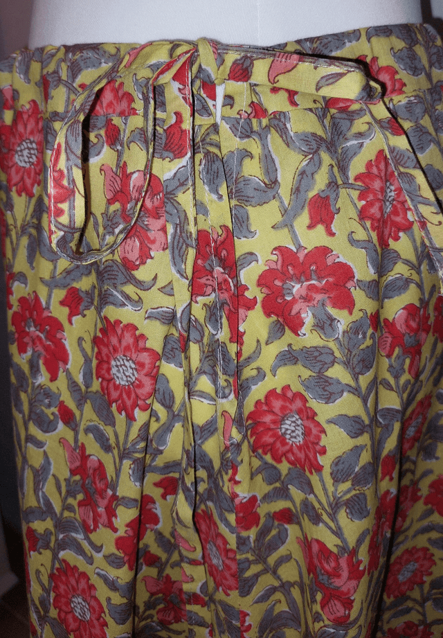 Jupe d'été mi-longue - Coton voile léger – Imprimé Block Print Artisanal – Motif floral orange sur jaune – Slow fashion femme 