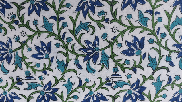 Nappe carrée 100cm imprimée à la main, coton, motif floral bleu, turquoise et vert