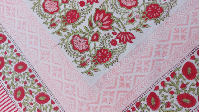 Grande nappe rectangulaire et 6 serviettes imprimées à la main, coton de grande qualité, motif floral rouge, rose et vert
