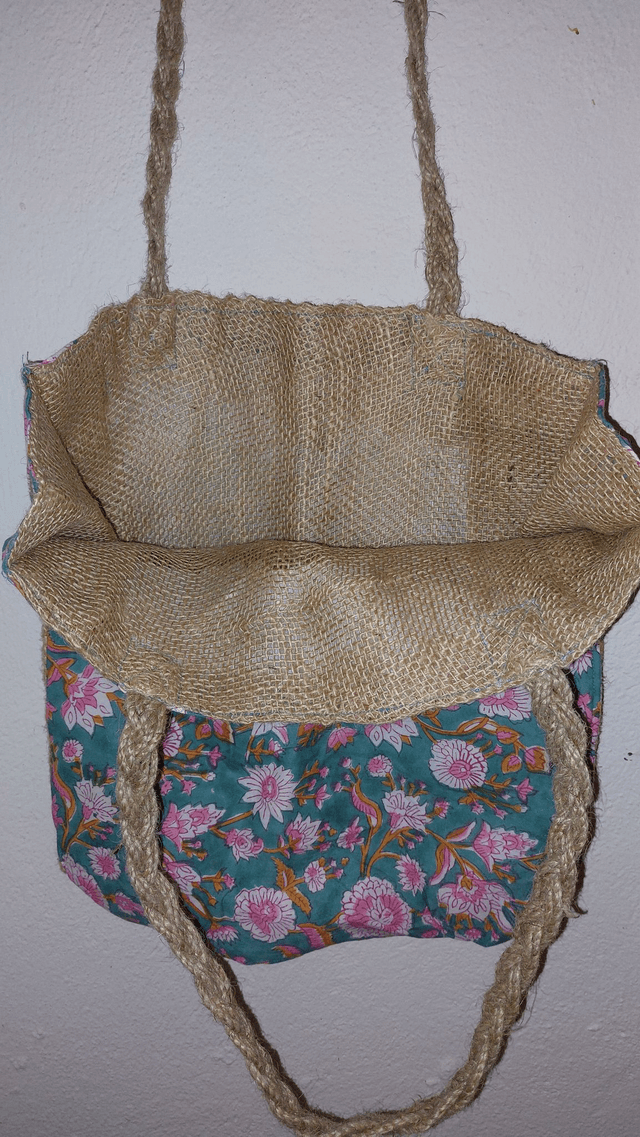 Sac en jute et coton imprimé à la main façon blockprint, tote bag, confectionné en Inde