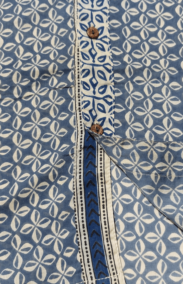 Chemise d'été homme manches courtes, coton léger, motif floral bleu et beige
