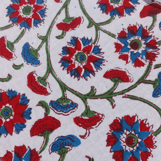 Nappe carrée 100cm imprimée à la main, coton, floral rouge, turquoise et vert