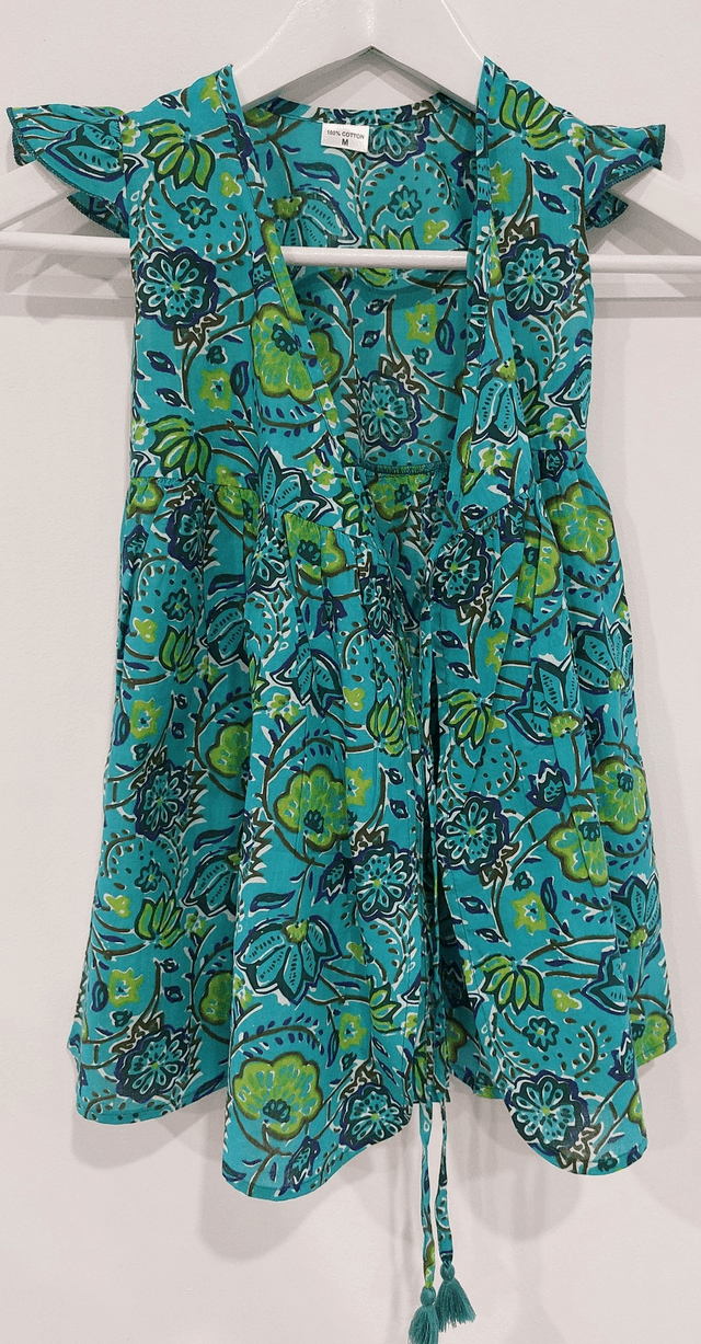 Robe portefeuille d'été - Fille 2-7 ans - Coton indien léger imprimé à la main - Pompons - Motif floral