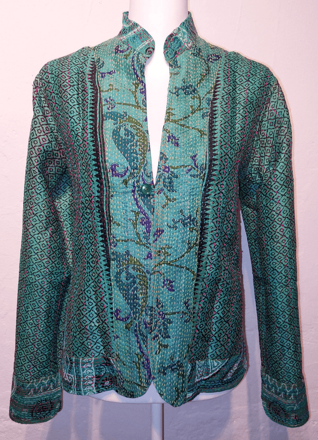 Veste femme reversible sari recyclé et Kantha, unique, confectionnée à la main dans les villages indiens, bleu, vert, turquoise