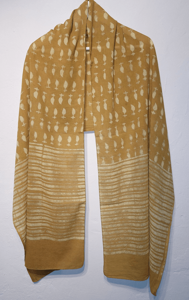 Étole, teinture naturelle, coton imprimé à la main, écharpe légère, jaune ocre - Cadeau femme artisanal éthique 