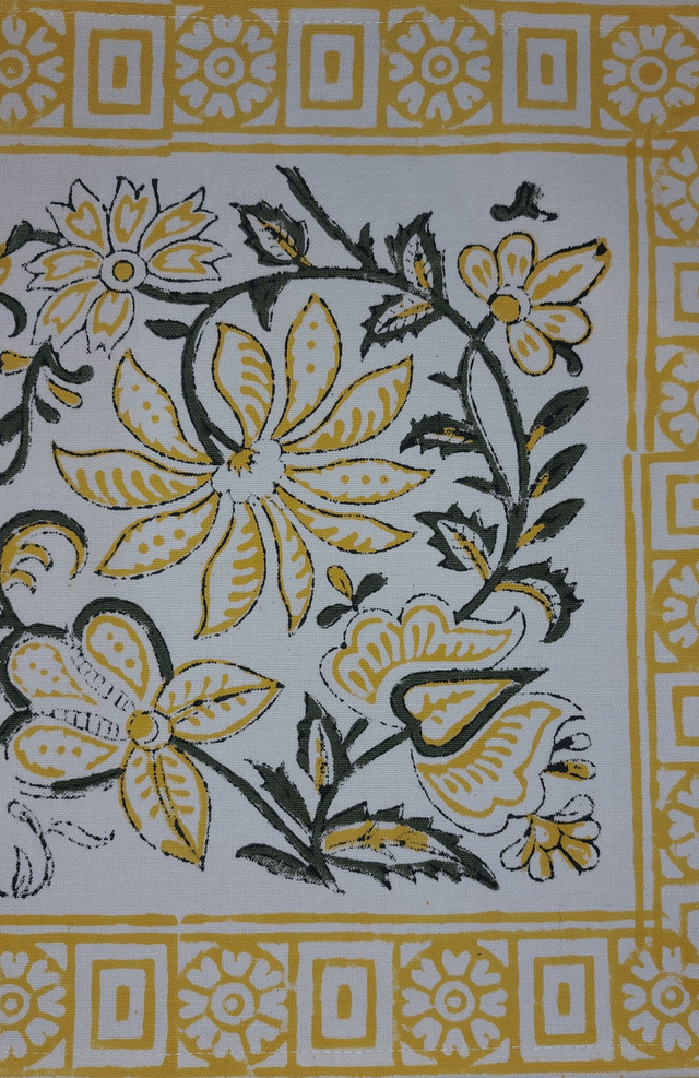 6 sets de table et serviettes, imprimés à la main, fleurs jaunes et vertes, coton