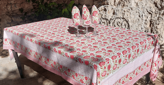 Grande nappe rectangulaire et 6 serviettes imprimées à la main, coton de grande qualité, motif floral rouge, rose et vert
