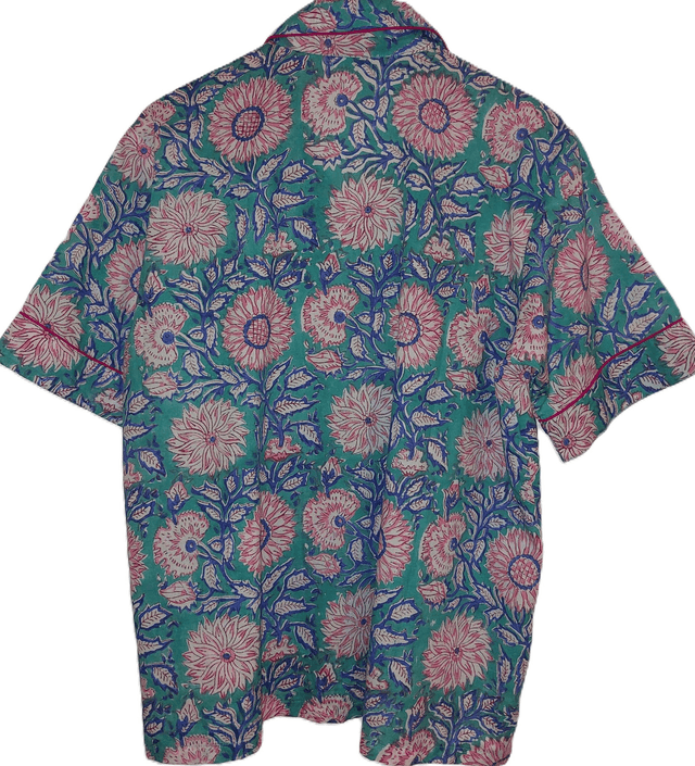 Pyjama court en coton indien – Imprimé floral artisanal – Fait main - Slow fashion - Rose et bleu sur vert 