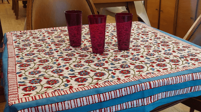 Nappe carrée 100cm imprimée à la main, coton, floral rouge, turquoise et vert