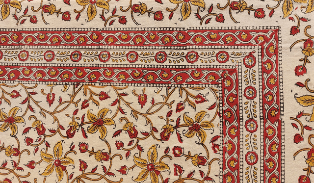 Grande nappe rectangulaire imprimée à la main, coton, motif floral jaune et marron
