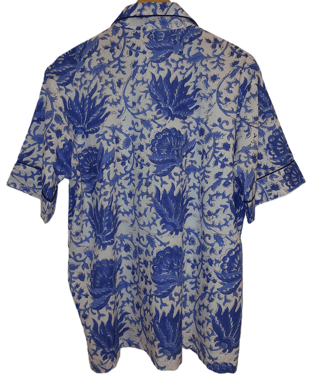 Pyjama court en coton indien – Imprimé floral artisanal – Fait main - Slow fashion - Bleu sur blanc