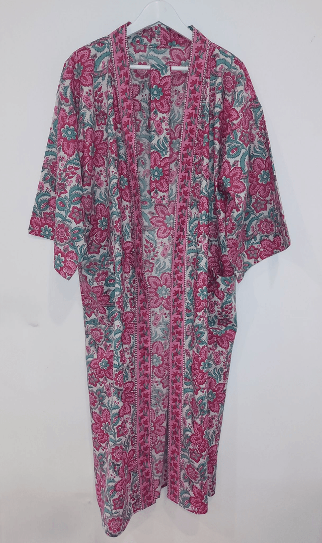 Robe kimono longue en coton, peignoir, robe de chambre, motif floral rose, vert, rouge, blanc, L.120cm ou 140cm