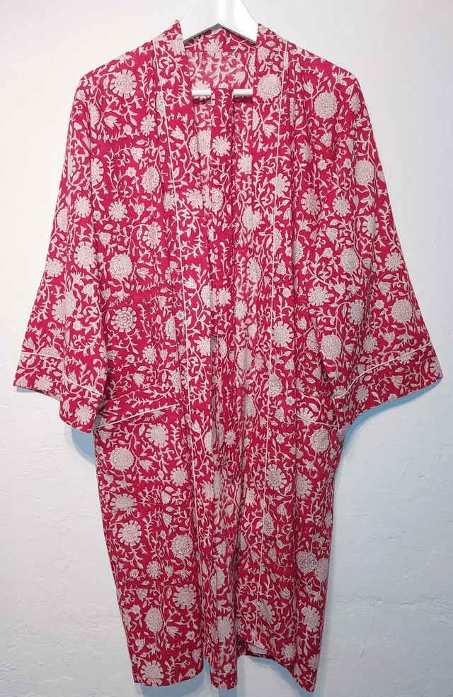 Robe kimono en coton imprimé à la main, peignoir, robe de chambre, motif floral rouge et blanc, L.100cm 
